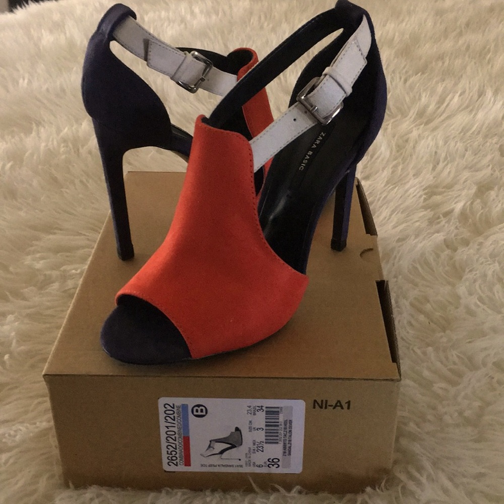 Zara Pumps Size 6 Navy,Orange and White